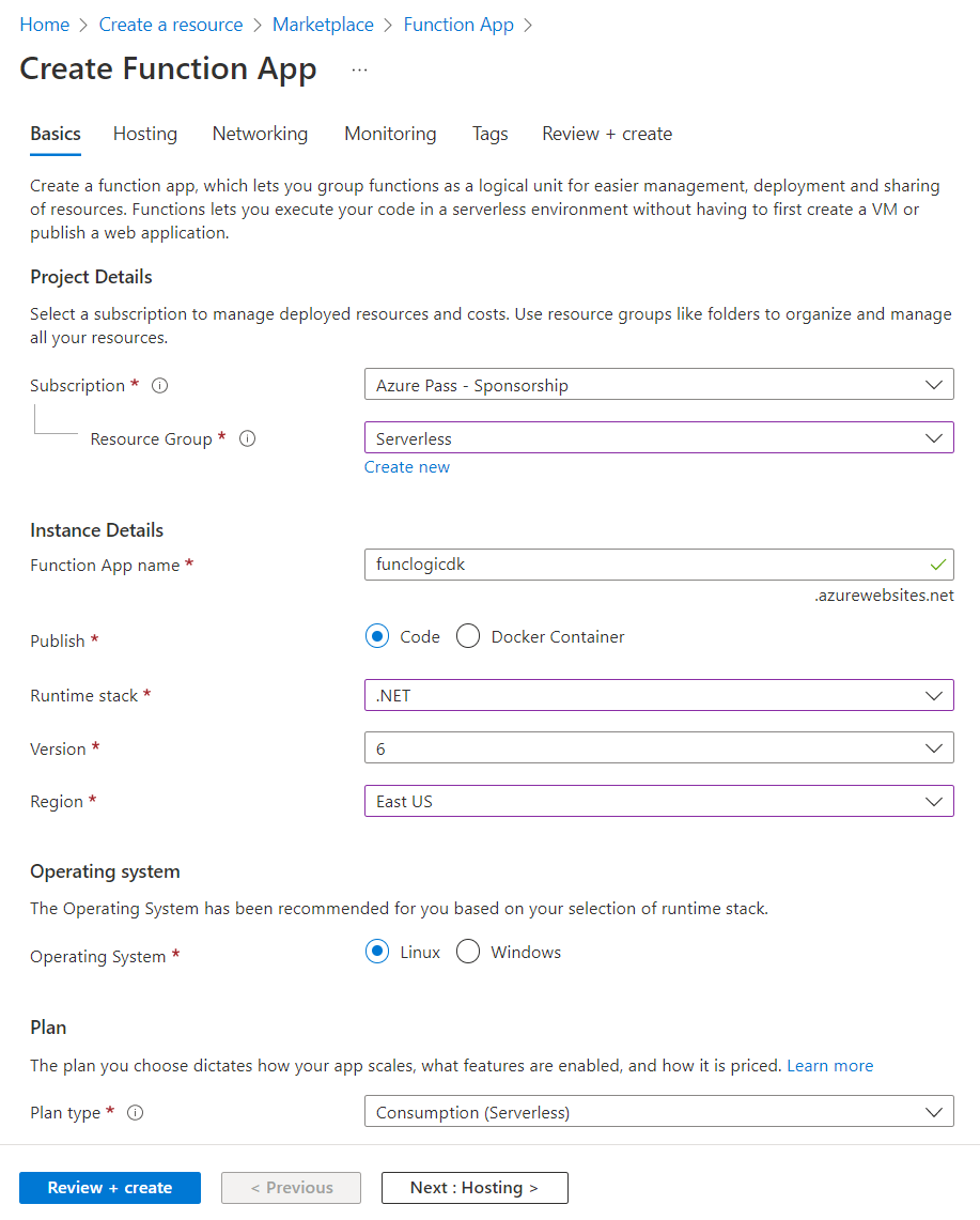 Screenshot displaying the configured settings on the Create Function App blade