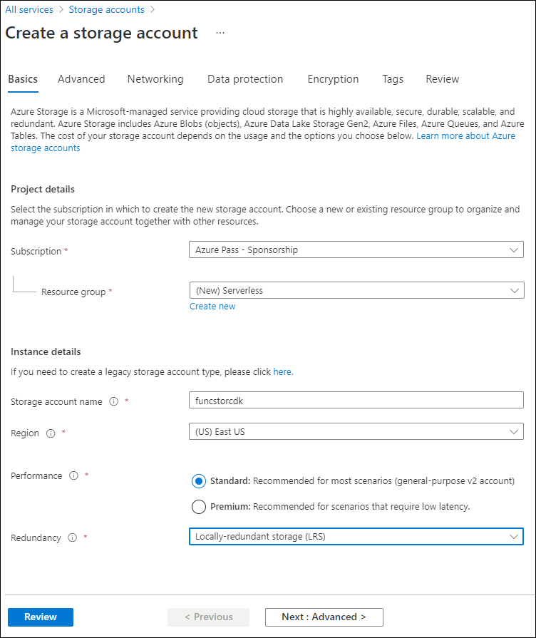 Screenshot displaying the configured settings on the Create a storage account blade