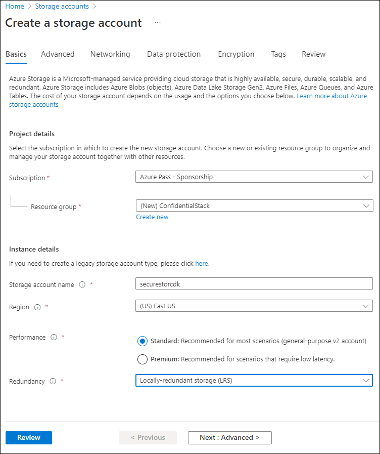 Screenshot displaying the configured settings on the Create a storage account blade