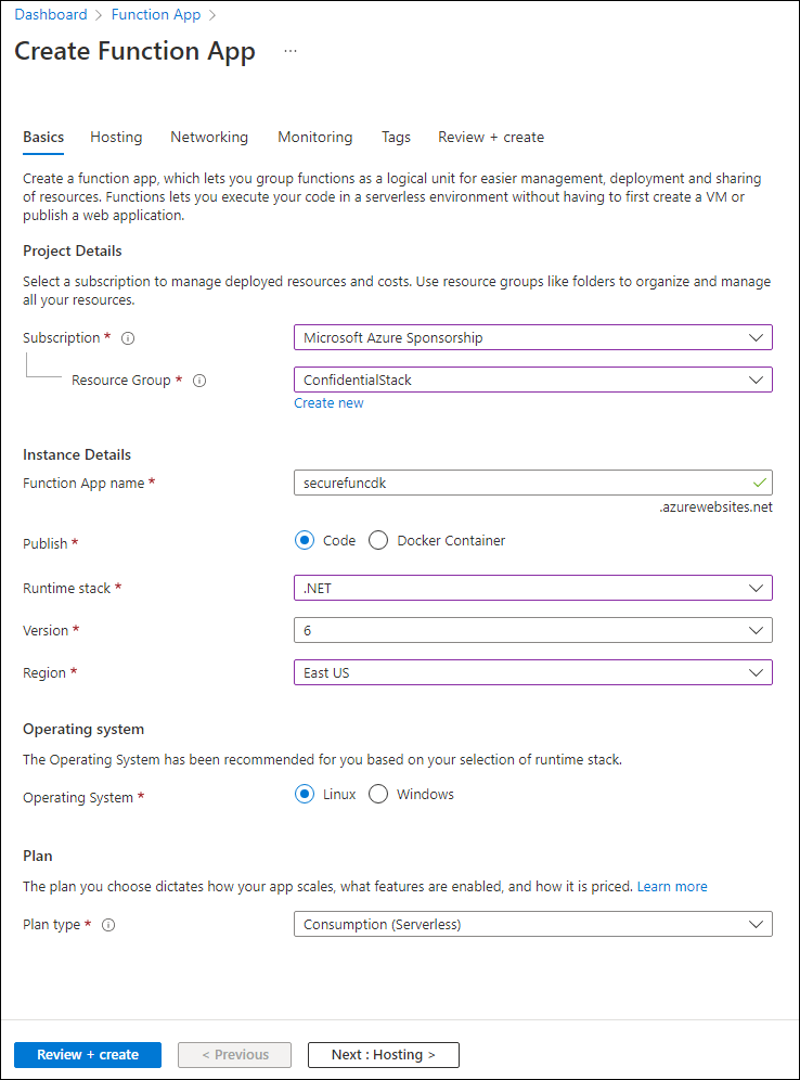 Screenshot displaying the configured settings on the Create Function App blade