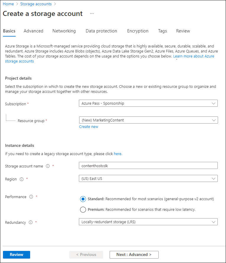 Screenshot displaying the configured settings on the Create a storage account blade