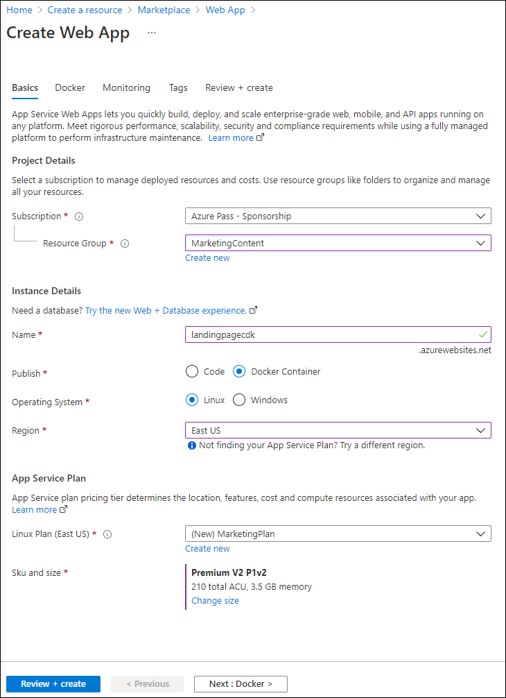 Screenshot displaying the configured settings on the Create Web App blade