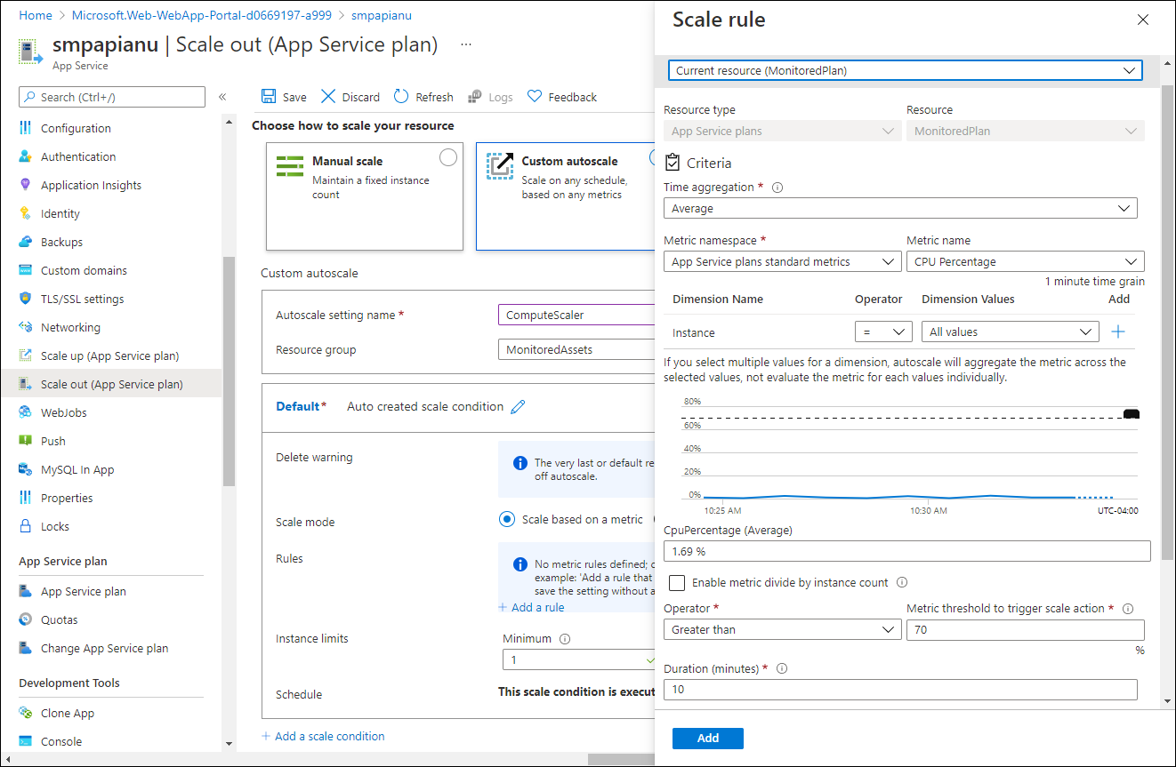 Scale rule blade of the default scale condition on the Azure web API blade