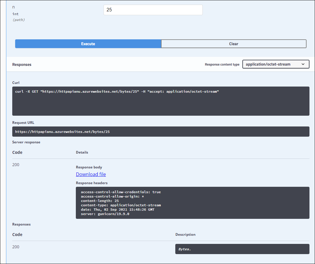 httpbin.org API page GET /bytes/{n} dynamic data section