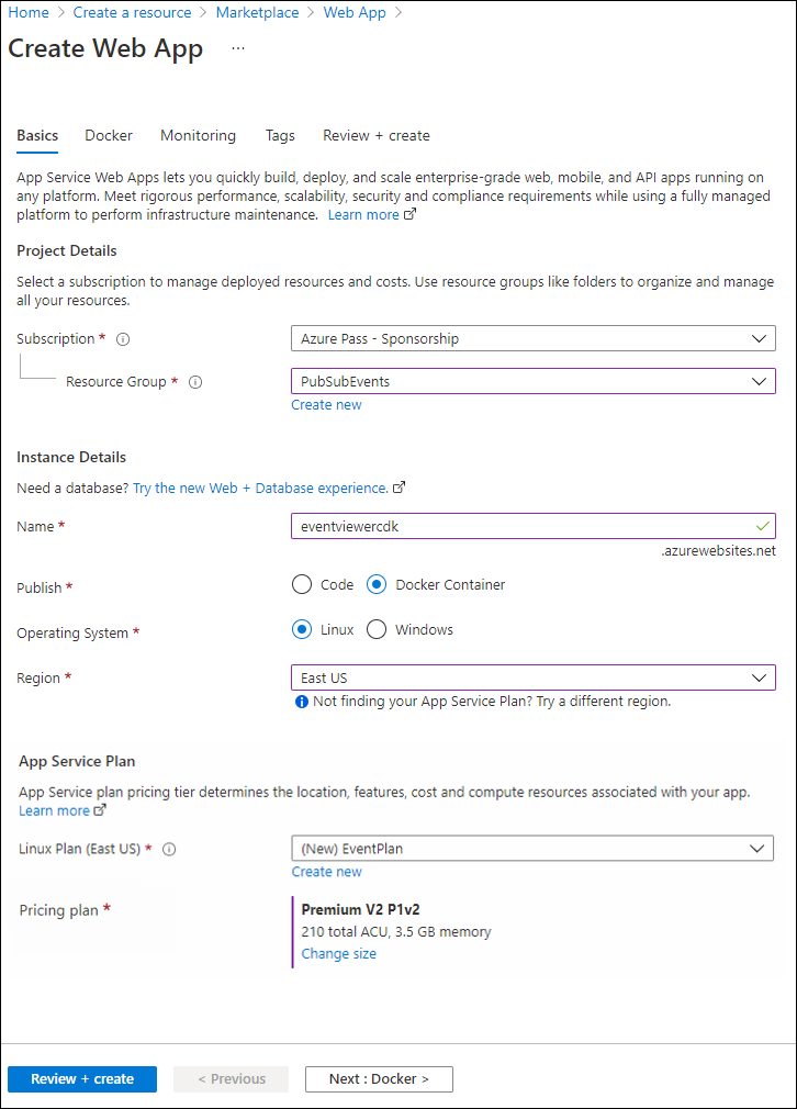 Screenshot displaying the configured settings on the Create Web App blade