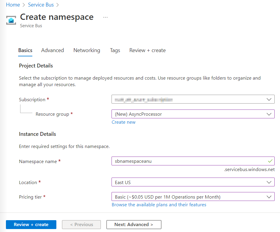 Create an Azure Service Bus namespace blade