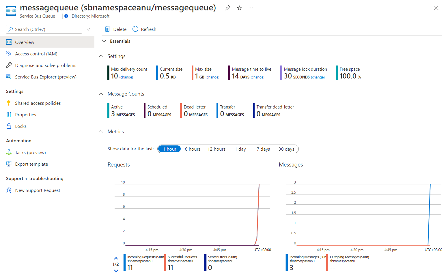 Service Bus queue metrics and message count in the Azure portal