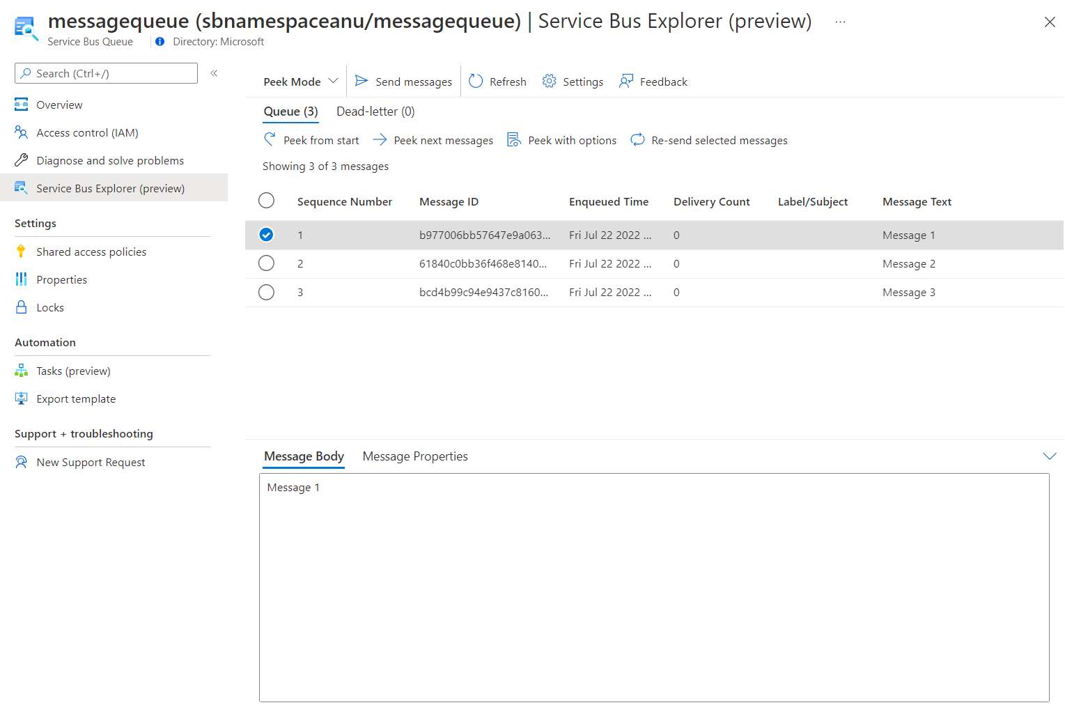 Service Bus queue content in Service Bus Explorer